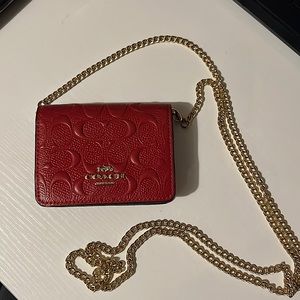 Coach Red Leather embossed wallet on a chain / micro bag